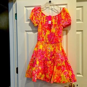 NWT LILLY PULITZER Jesiba Romper-Calla Yellow Floral Coral: Size M - 100% cotton